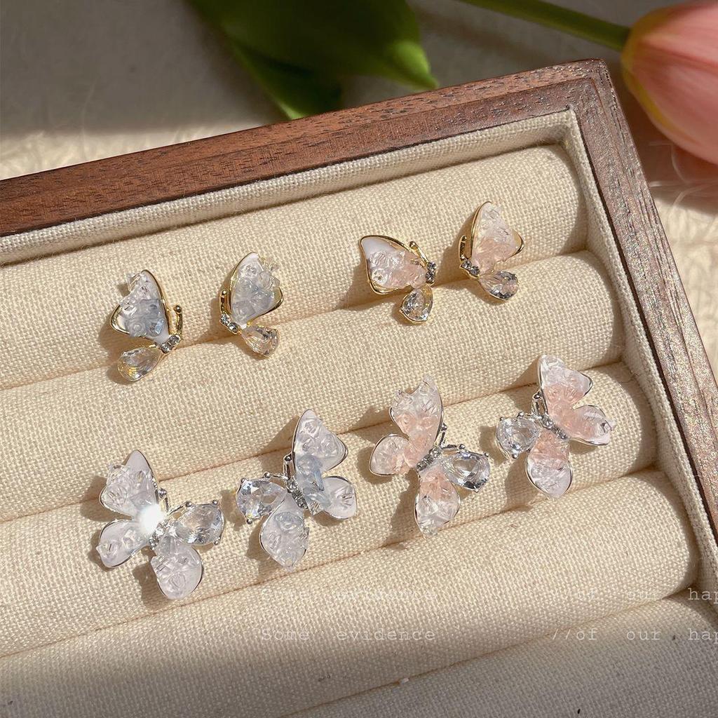 Summer Peach & Mist Blue Crystal Butterfly Earrings - Elegant Silver Needle Design for Women