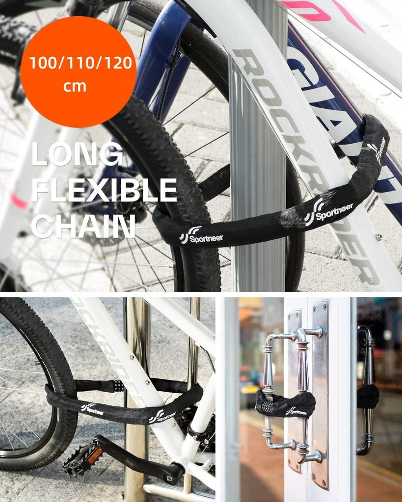 Sportneer Bicycle Combination Bicycle Chain Hard To Wire for Cross Bikes and Rod Includes Japanese Instruction Manual Lock, 5-Digit Lock, 110cm, 690g,