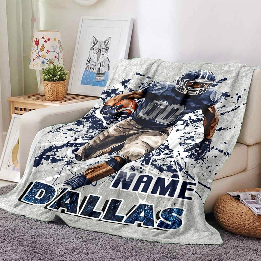 Dynamic Dallas Football Player In Action Throw Blanket Customize Your Name Soft Warm Cozy Great For Sofa Couch Office Bed Picnics Four Seasons
