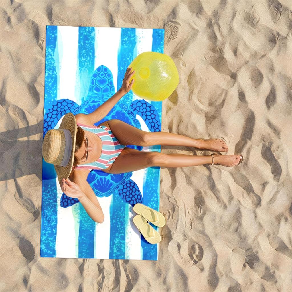 Turtles and striped background polyester microfiber beach towel is highly absorbent, suitable for swimming and beach outings