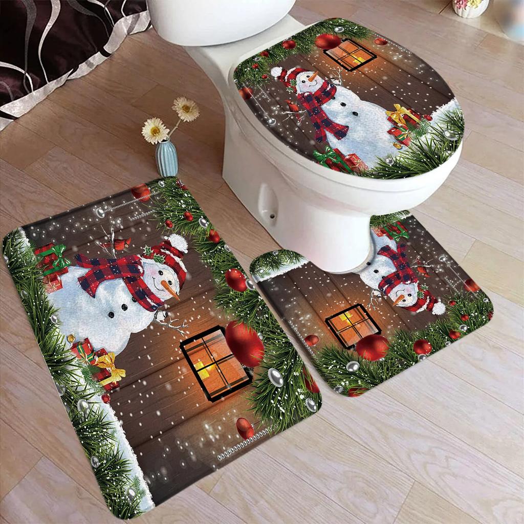 3 Pieces Merry Christmas Bath Mat Set Xmas Tree Red Winter New Year Toilet Lid Cover Foot Rug Non-slip Bathroom Accessory Set