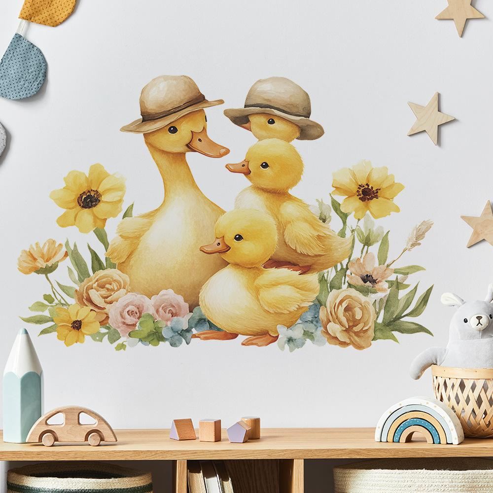 Cartoon Little Yellow Duck Flower Leaf Bedroom Living Room Home Background Beautification and Decoration Wall Stickers