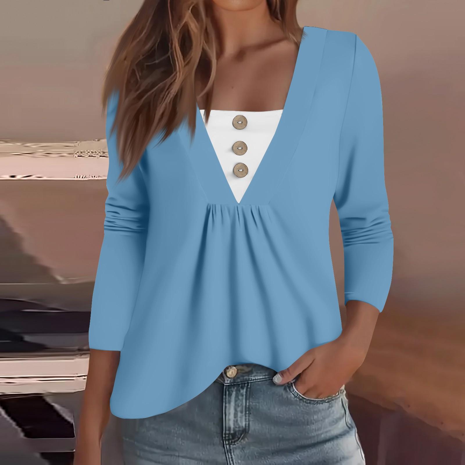 

Женская модная повседневная рубашка с длинным рукавом, однотонная, с пуговицами, с V-образным вырезом XL небесно-голубой