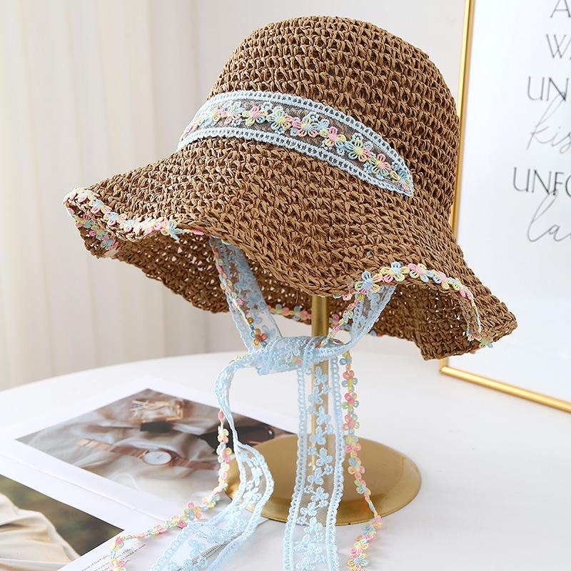 Lace Lafite Damen Strohhut Frühling und Sommer Sonnenschutz Reise Hut mit breiter Krempe Bucket Hat Strand Meer Sonnenhut