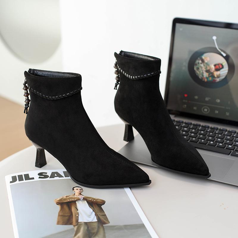 French pointed suede stiletto short boots women's 2025 autumn new single boots elastic fashion thin boots medium heel Martin boots