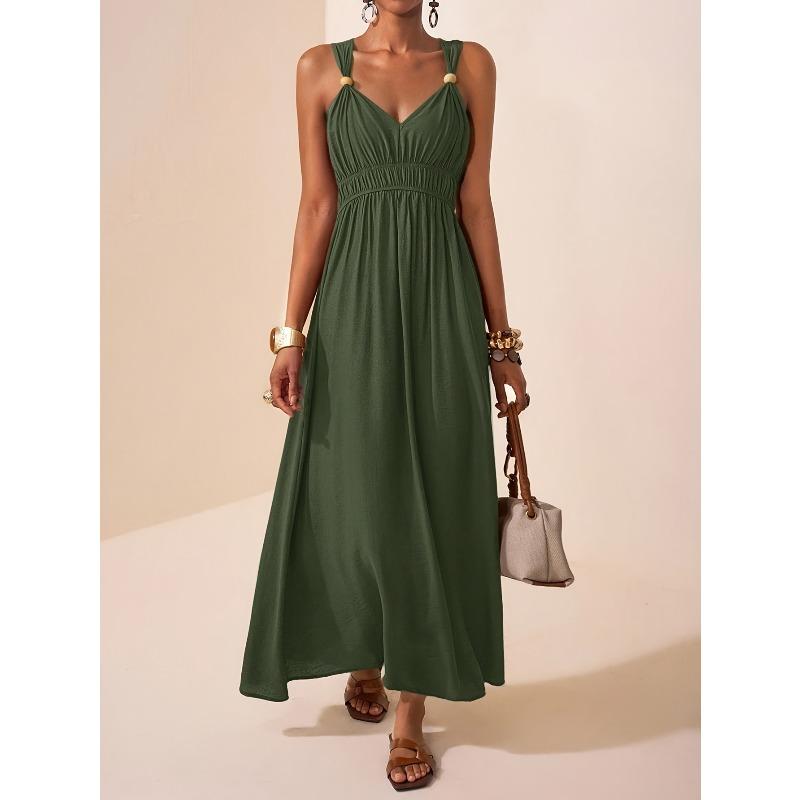 Women s V Neck Sleeveless Smocked Waist Maxi Dress with Beaded Straps S армия зеленый