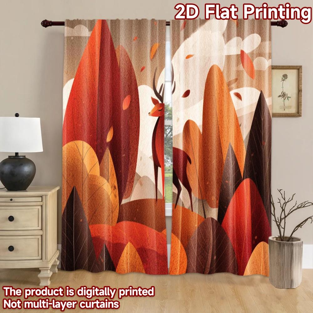 2D flat printing 2pcs Window Curtains Autumn Deer Forest Landscape Digital Printed Polyester Drapes Festive Curtains Perfect for