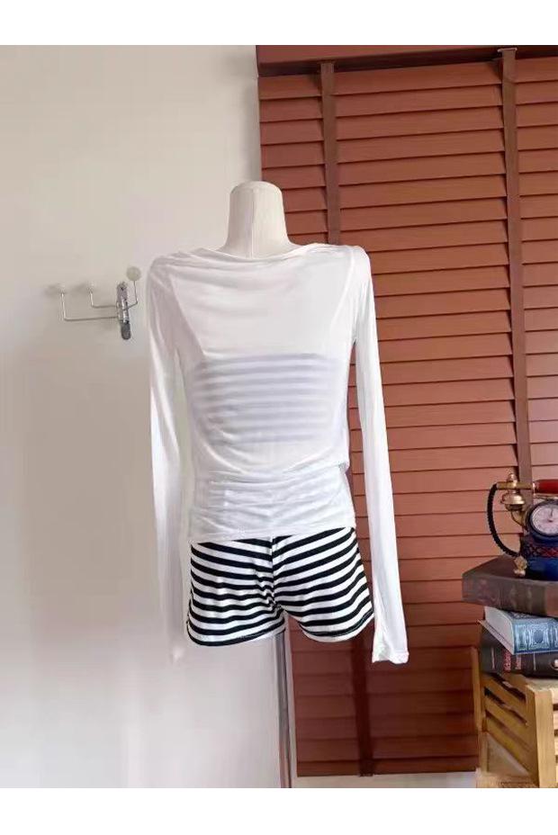 2026 Trendy Women's Long Sleeve Striped Swimsuit Cover-up with Sun Protection and Bikini Set