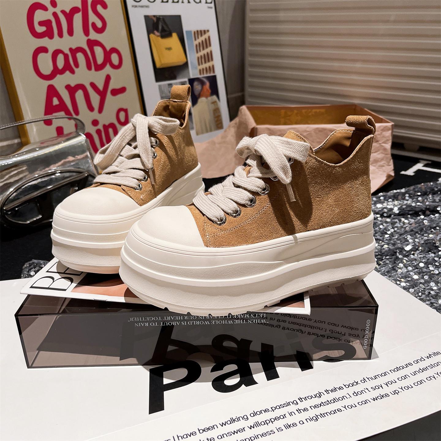 

2025 новые матовые кожаные толстоподошвенные маффины на шнуровке милые крутые туфли с большой головой маленькие 6 см с высоким верхом повседневные женские туфли 40 верблюд