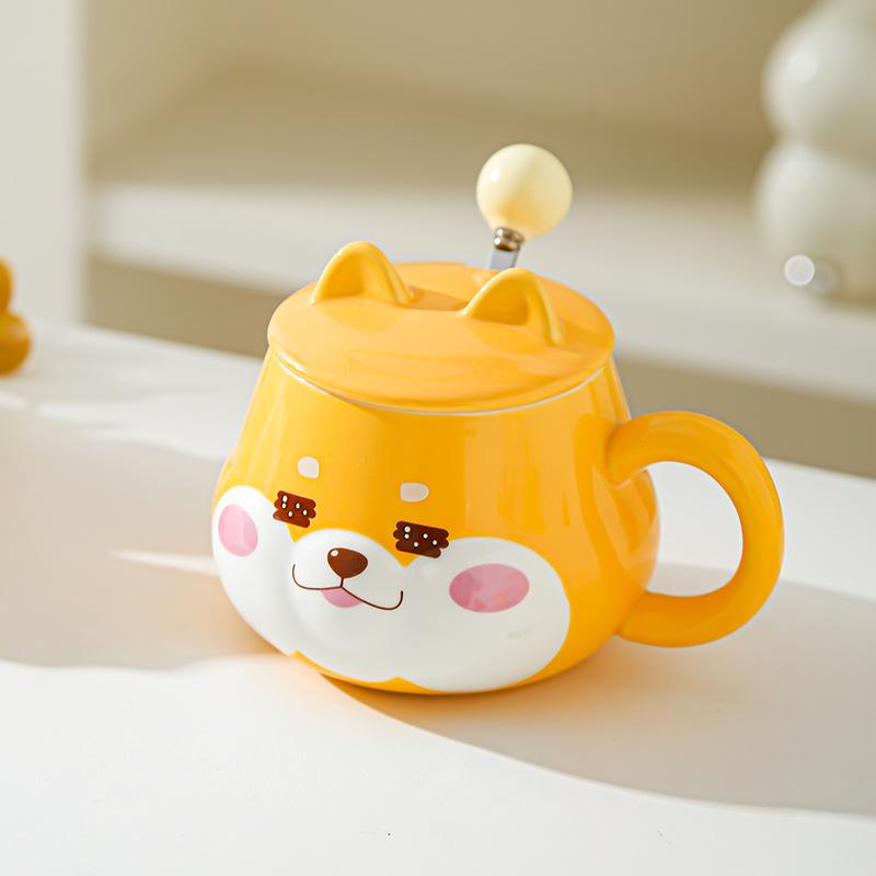 Roztomilý keramický hrnek na vodu Super roztomilý Shiba Inu Kreativní hrnek na vodu s víčkem Vysoký vzhled Narozeninový dárek Pár Domácí kancelářský hrnek