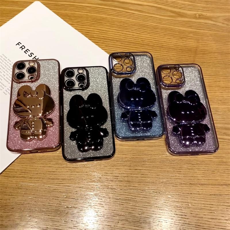 Cute 3D Rabbit Makeup Mirror Stand Plating Case For Iphone 15 Pro Max 14 Plus 13 12 Mini 11 X Xr Xs 8 7 Se Protect Back Cover