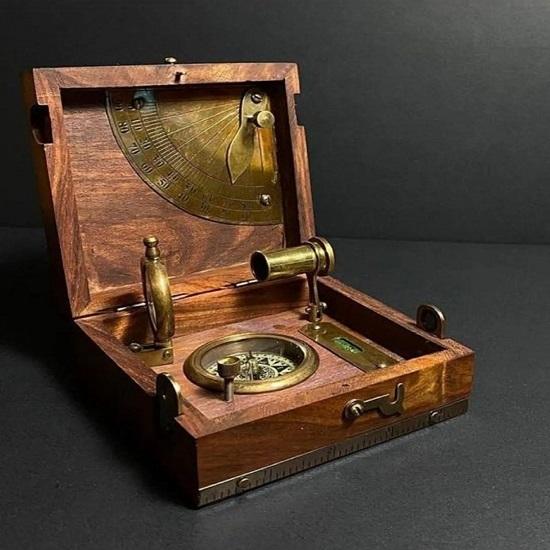 Wooden Boxed Brass Nautical Compass Magnifier and Telescope Set