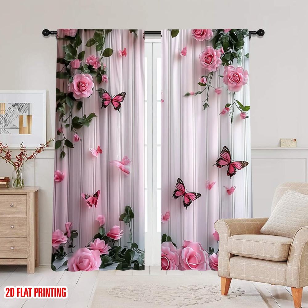 2pcs Curtain Butterfly and Pink Rose Durable 100% Polyester Fabric,Without Electricity Versatile Perfect for Holiday Decor