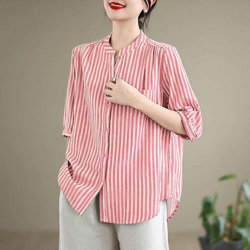 ZANZEA Bluză casual pentru femei, cu decolteu în V, cu mâneci 3/4, cu dungi largi