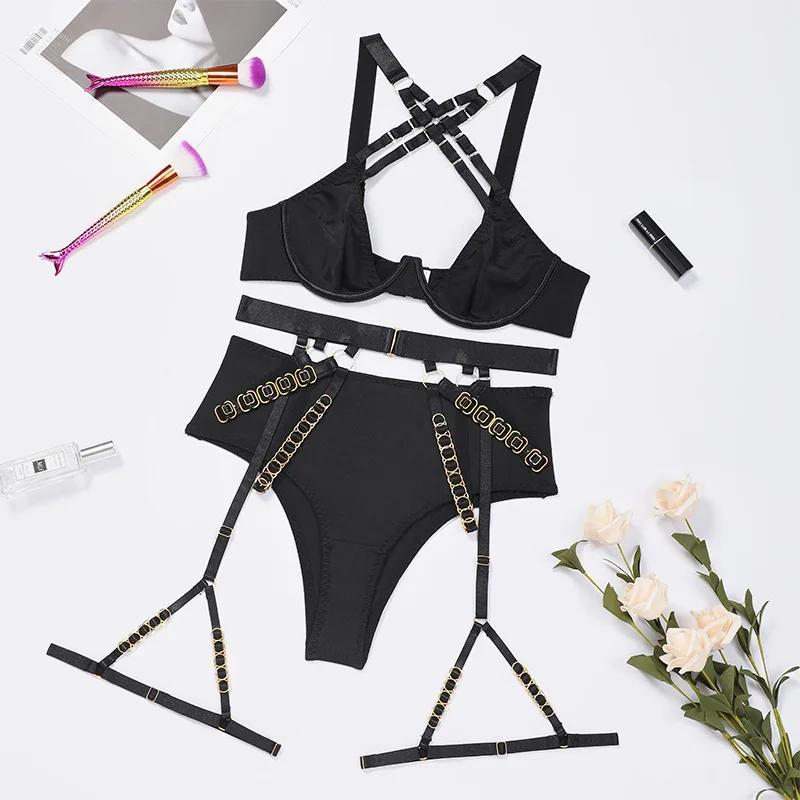 Sexy 3-Piece Lingerie Set Erotic Costumes With Cross-Tie Push-Up Bra Metal Chain Waist Trainer Garter Stockings Porn Underwear