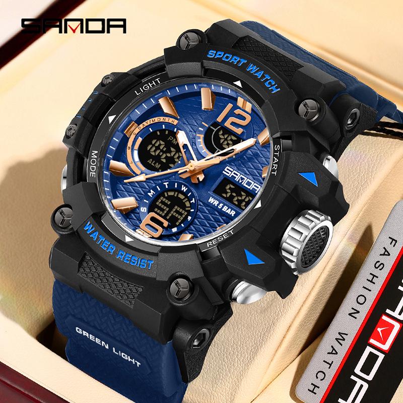 Sanda Dual-Movement Sports Watch with Countdown, Alarm, Night Light, Waterproof, and Multi-Function Features for Students.