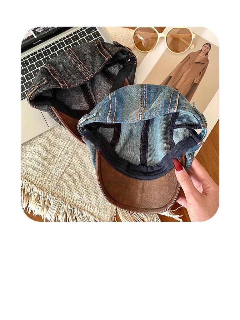 Women's Retro Washed Denim Duckbill Flat Cap with PU, Versatile Face Slimming Design, Spring-Autumn Backwards Beret.