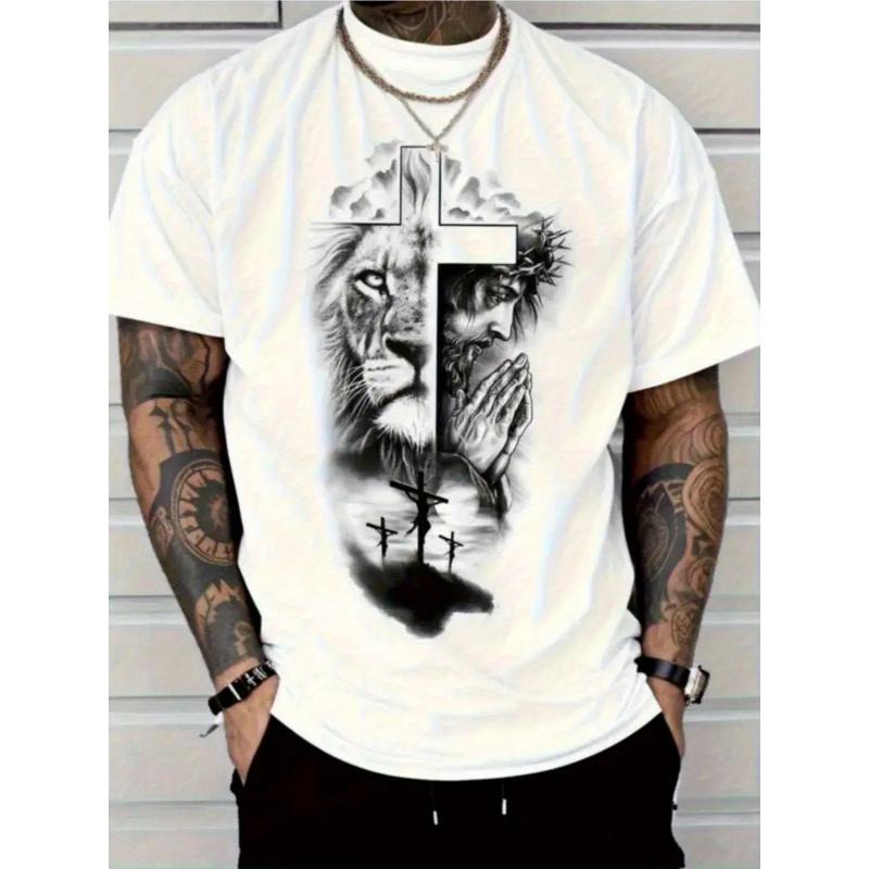 1pc & Lion of Judah & Jesus Christ Faith T-Shirt - Oversized White Cotton Church Wear, Lion & Cross Print Short Sleeve Tee, Spiritual Gift for