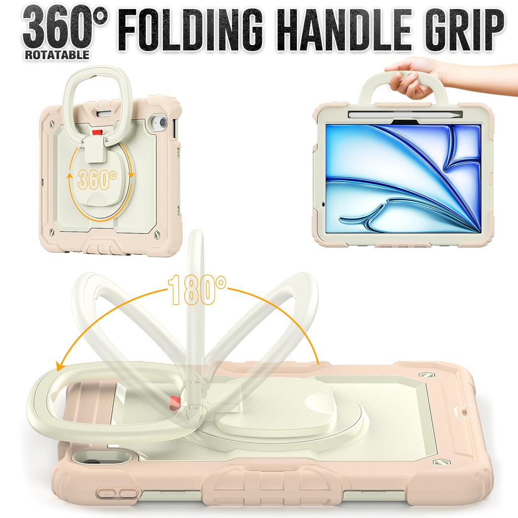 For iPad Air 11 (2025)/(2024) Case Hand Grip Kickstand Pen Slot PC+Silicone Tablet Cover with Strap