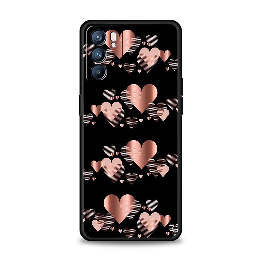 Gold Pink Rose Glitter Hearts Case For Oppo A54 A53 A52 A15 A95 A16 A78 A79 A80 A98 4G Find X5 X6 Reno10 12 13 F Pro 5G Cover