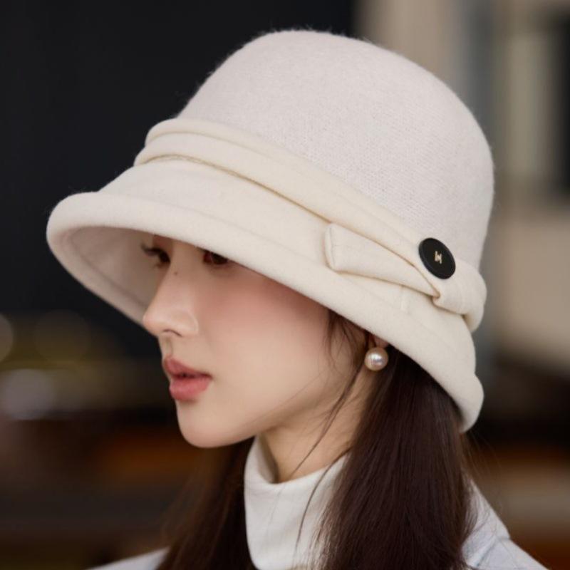 Nuovo cappello autunno e inverno femminilità fiocco cappello a secchiello in lana elegante 100 caldo cappello a bacinella moda