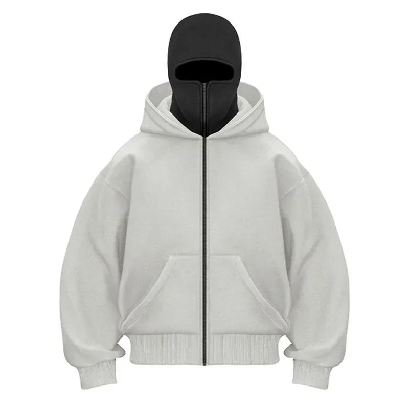 Y2k Vintage Winter Streetwear Couple Tops Balaclava Integrated Hoodie Men Soild Color Ninja Pullover Hip Hop Splicing Sweatshirt
