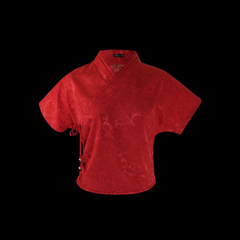 HECO New Chinese Style Jacquard Pleated V-Neck Blouse