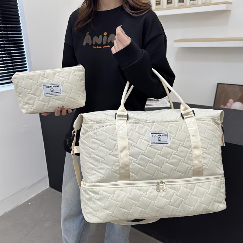 2pcs Set Large Capacity Travel Duffel Bag with Shoe Compartment and Cosmetic Pouch, Casual Nylon Gym Bag, Weekend Overnight Handbag