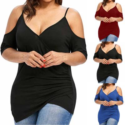 Fashion Womens Plus Size Cutout Asymmetric Cold Shoulder T-shirt V-Neck Tops