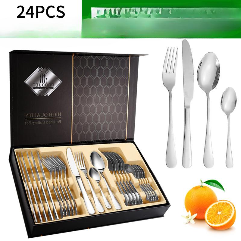 

Нож, вилка и ложка из нержавеющей стали 1010 Столовые приборы Нож, вилка и ложка для стейков в западном стиле Подарочный набор из 24 предметов 49*27.5*57 серебряный