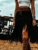 Coffee Fringe High-Waisted A-Line Pleated Puffy Skirt for Women Autumn Fashion