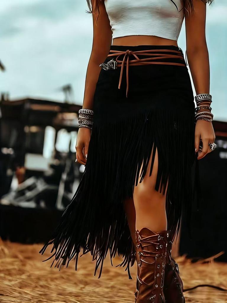 Coffee Fringe High-Waisted A-Line Pleated Puffy Skirt for Women Autumn Fashion