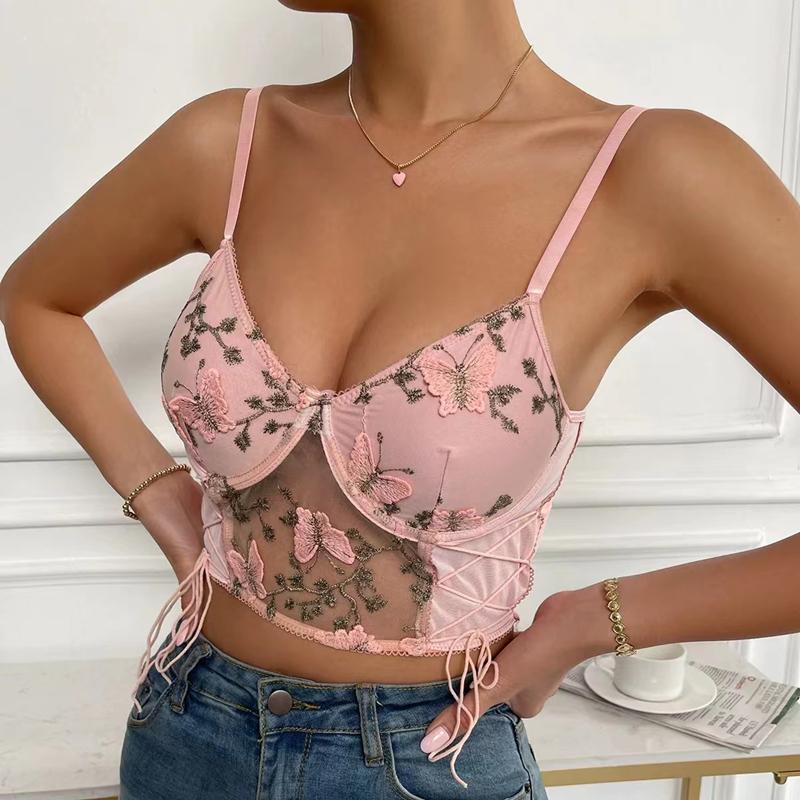 Sommer Floral Stickerei Crop Tops Frauen Spitze Mesh Schmetterling Gummiband Cami Top Damen Sexy Casual Backless Kurze Tank Top