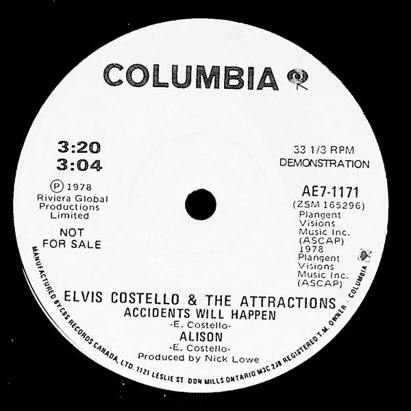 

7-дюймовая пластинка ELVIS COSTELLO THE ATTRACTIONS Accidents Will Happen Alison AE71171PRPMO COLUMBIA 1979 Канада Рок Б/у