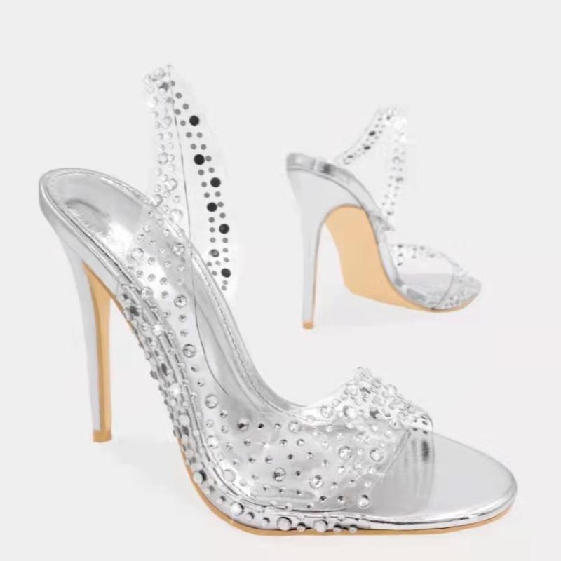 Rhinestone High Heel Open Toe Sandals Women's Cross Pointed Toe Back Trip Strap Crystal Fish Mouth Shoes Plus Size