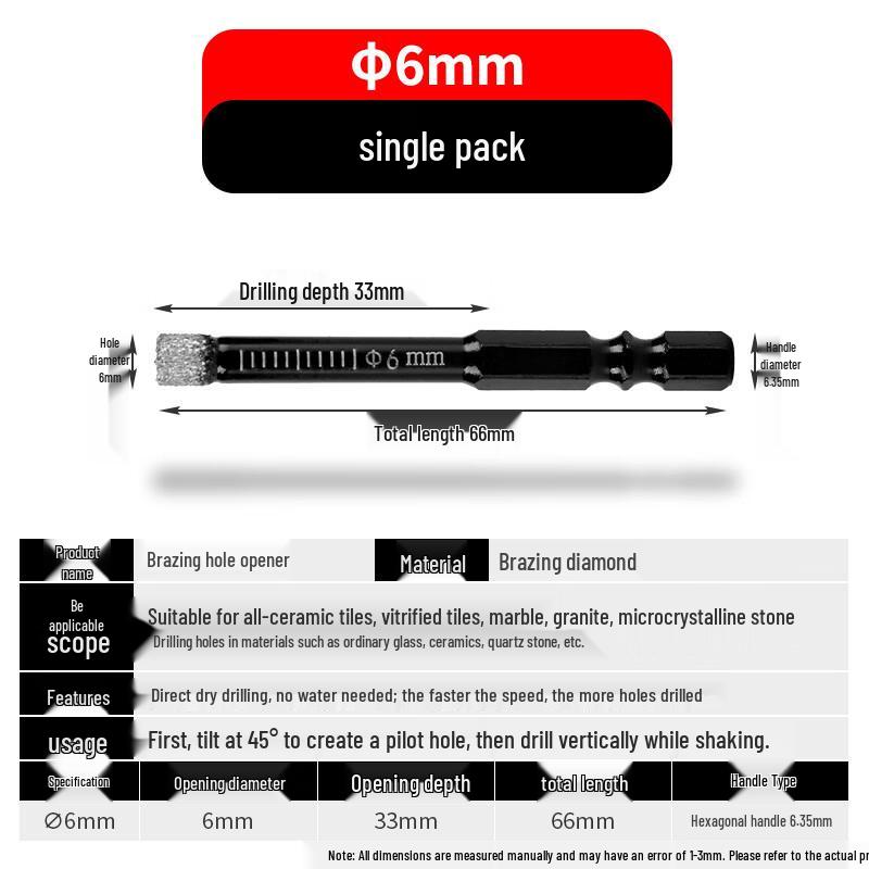 Hex Shank Hole Drill Bit for Glass, Marble, Ceramic, and Porcelain Tiles - Dry Use