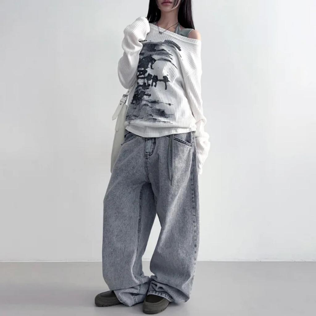 VAYLA Podzimní Harajuku Dámská Trička s Potiskem Vintage Streetwear Grunge Asymetrický Límec Topy Y2k Estetika Volné Ležérní Hiphop Vintage Topy