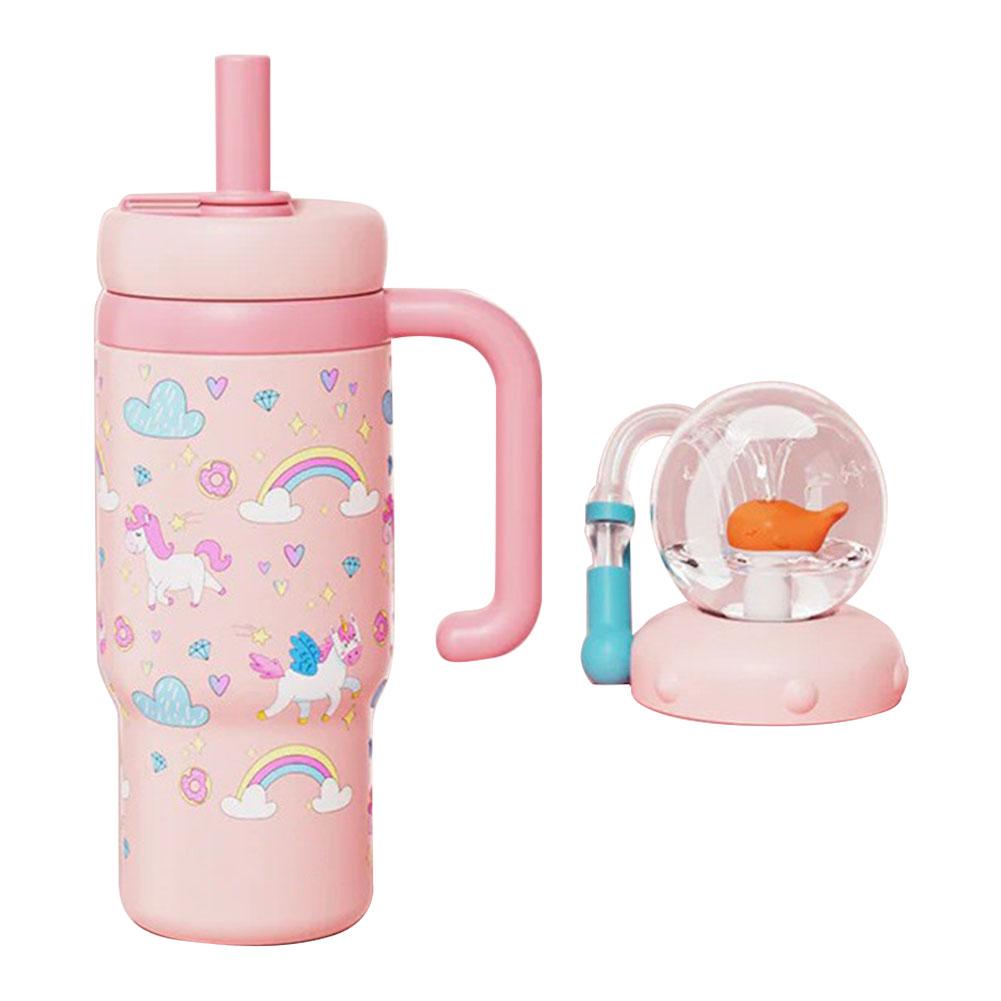 710ML Stainless Steel Whale Fountain Cup With Whale Sprinkler Handle Two Lid Straw Cup Durable Anti Drop Anti Overflow Fun Cup