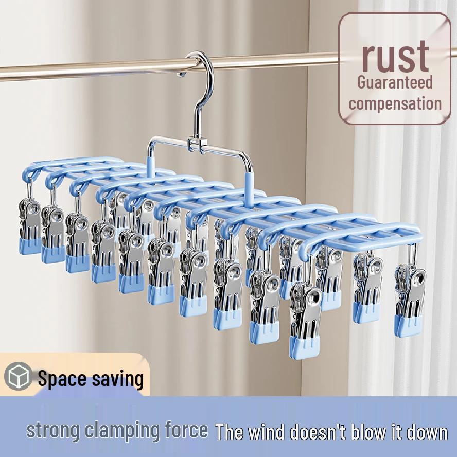 Stainless Steel Windproof Drying Rack with Clips for Underwear and Baby Socks