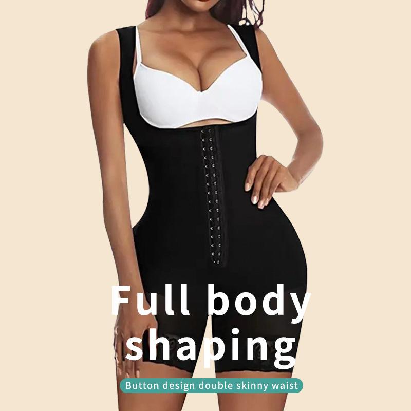 Plus Size Waist Cincher Bodysuit with Shoulder Straps, Button Closure, and Crotch Zipper for Tummy Control.