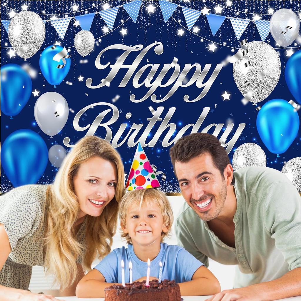 Happy Birthday Banner - Birthday Decorations for Men Women Boys Girls Blue Sliver Birthday Party Banners Welcome Happy Birthday Background Sign Theme