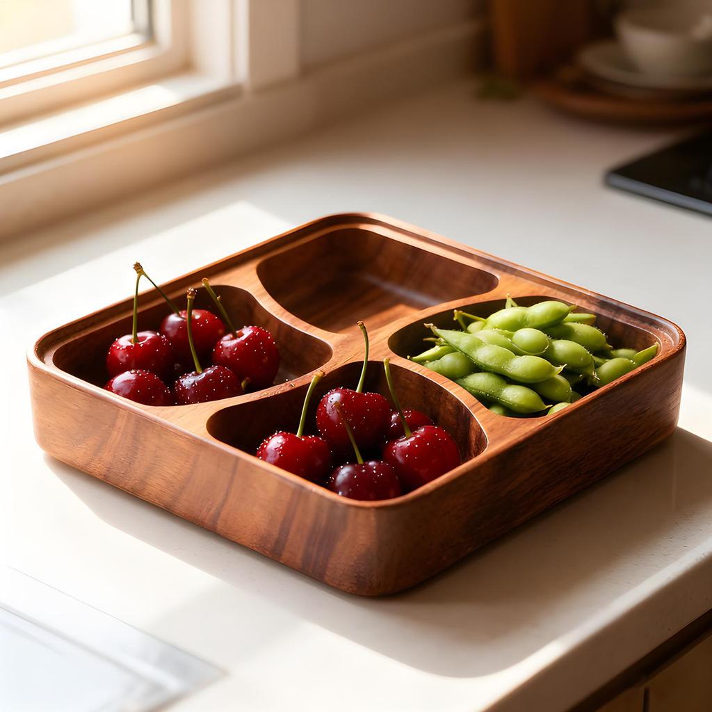 Wood Snack Bowl Natural Smooth Safe Organizer 4 Grid Wood Snack Bowl with Dividers for Friends Men Women Nuts Dried Fruit Home
