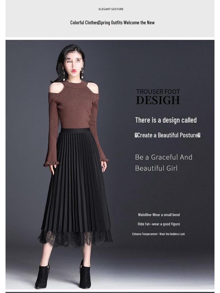 Autumn/Winter Lace Pleated Skirt - Korean Style Slim Fit, Plus Size, Mesh Tulle, Black/Green