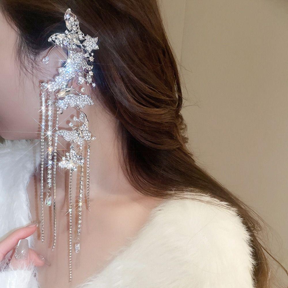 Crystal Rhinestone Tassel Ear Clip Korean Style Exaggerate Ear Cuff  Bridal