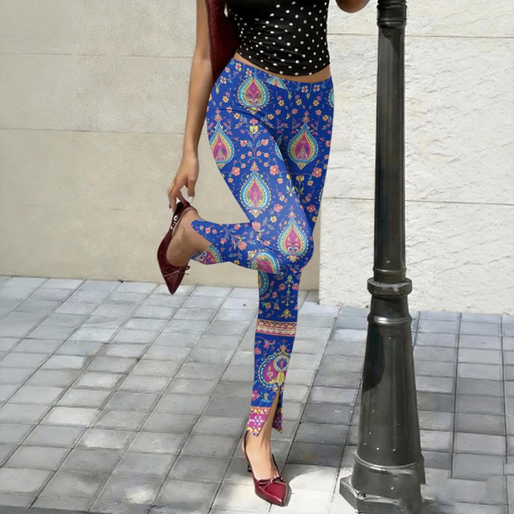 Women's Slim Pants with Retro Floral Print and Side Slit Design - Black