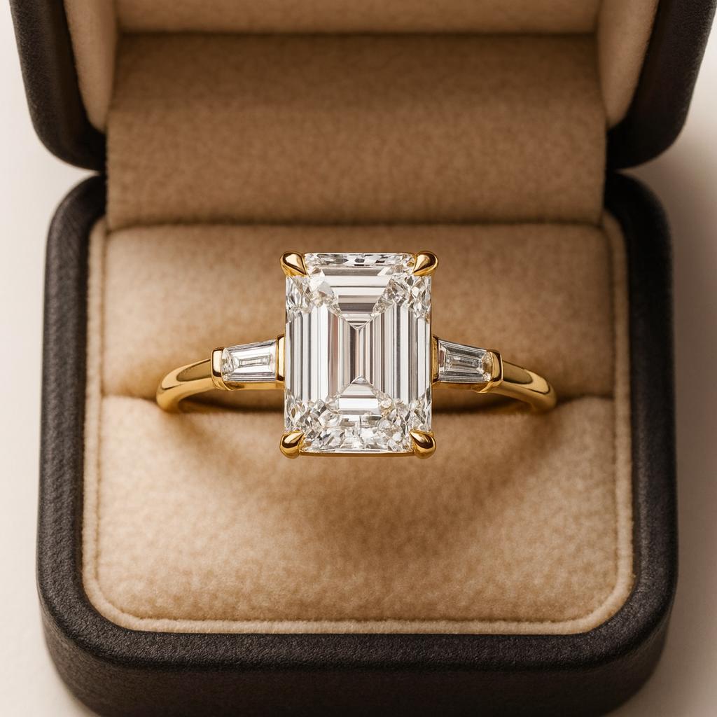 

Кольцо с муассанитом изумрудной огранки, обручальное кольцо с огранкой багет, серебро с позолотой из желтого золота, крапановая закрепка, подарок на годовщину для нее Q