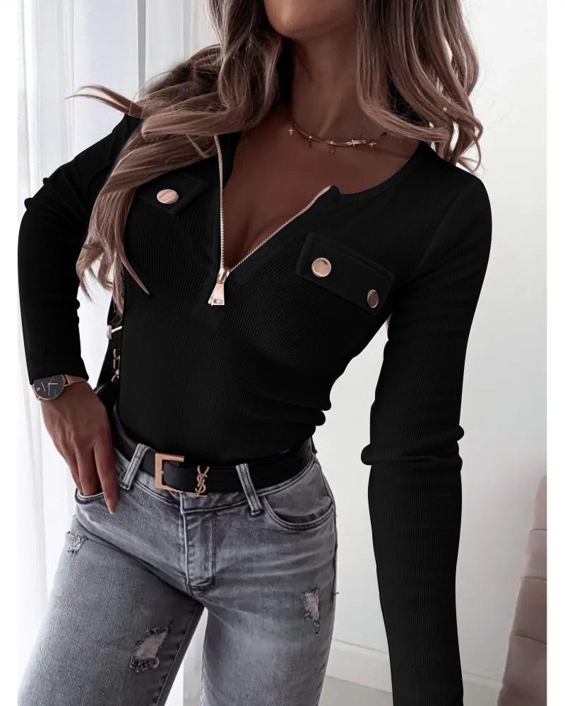 2025 Women's Ribbed Knit Slim-Fit V-Neck Long Sleeve Pullover with Metal Zipper