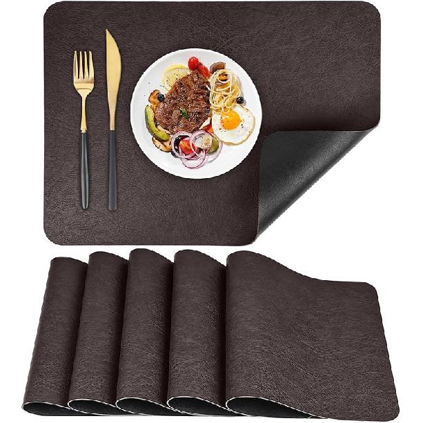 Faux Leather Placemats Set of 6 Table Mats Heat Resistant Reversible Place Mats, Waterproof Wipeable Dining Table Place mats for Home Party Outdoor, 6