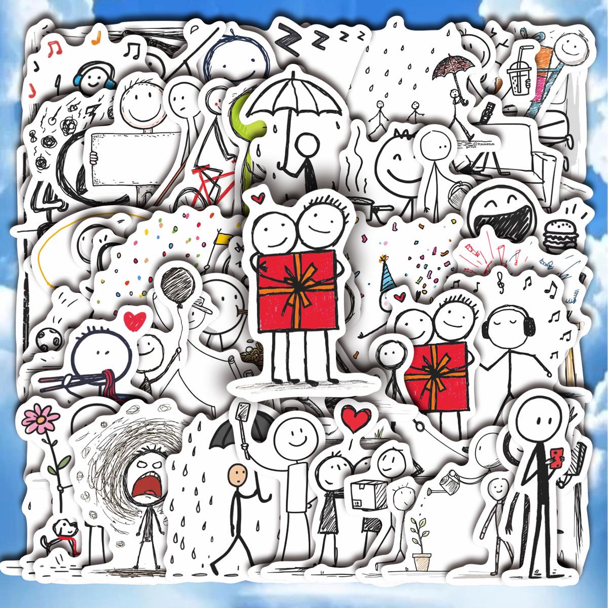 

57-Piece Simple Line Figure Stickers: Cute Cartoon Decoration for Journal, Stationery, Guitar No