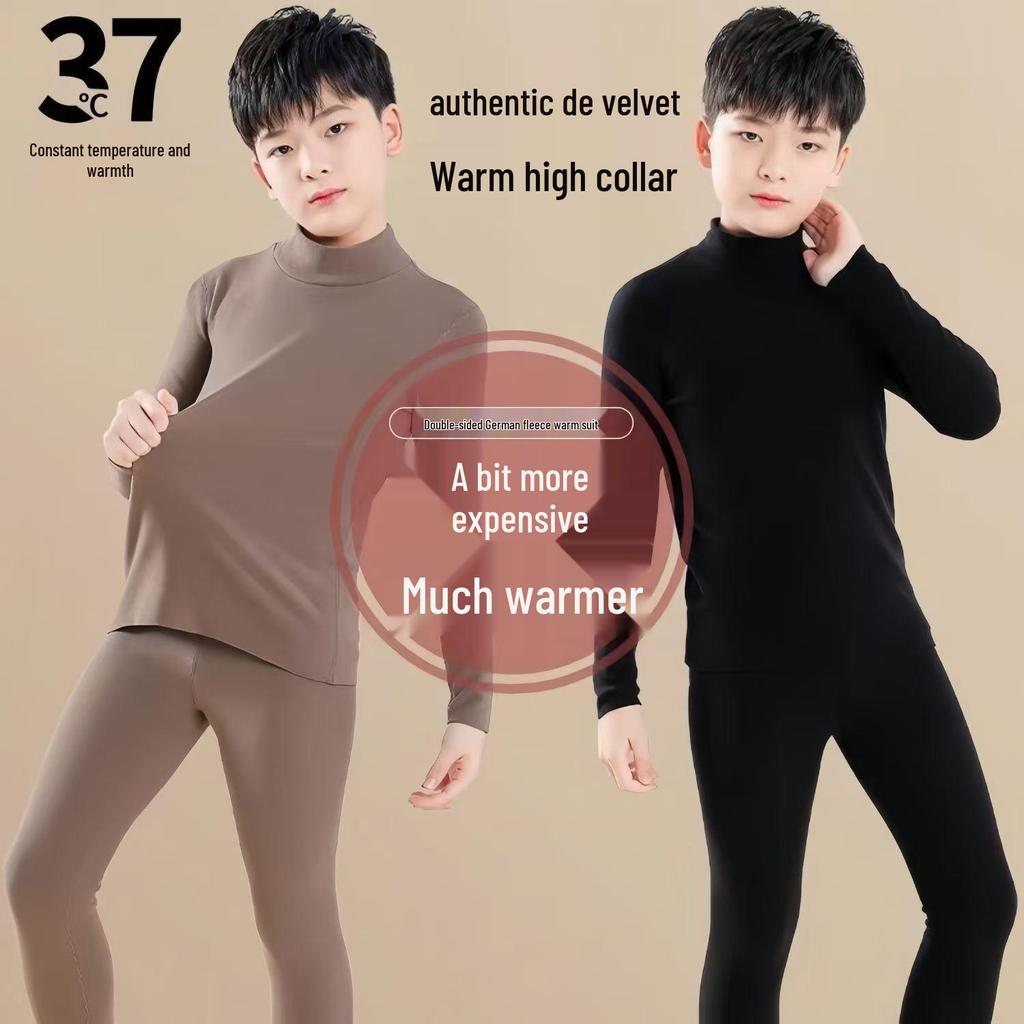 Kids' Double-Sided Fleece Warm Set: High Collar, Cold Protection, Autumn Top & Bottom, Medium/Large Sizes